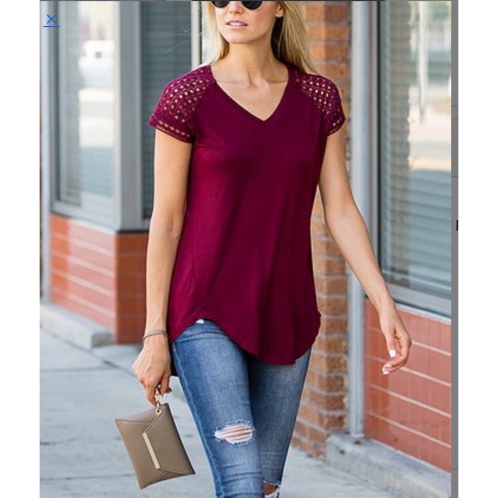 ❤️NEW❤️ Amaryllis Burgundy Crochet-Sleeve V-neck